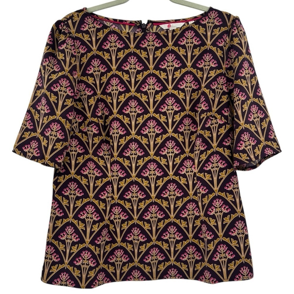 Boden Annie Print Boat Neck Top in Eggplant Purple Floral Print Career Business